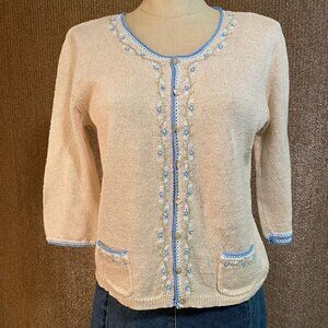 Liz Claiborne "Lizwear" Linen/Cotton Yarn Embroidered Buttonup Sweater sz: M